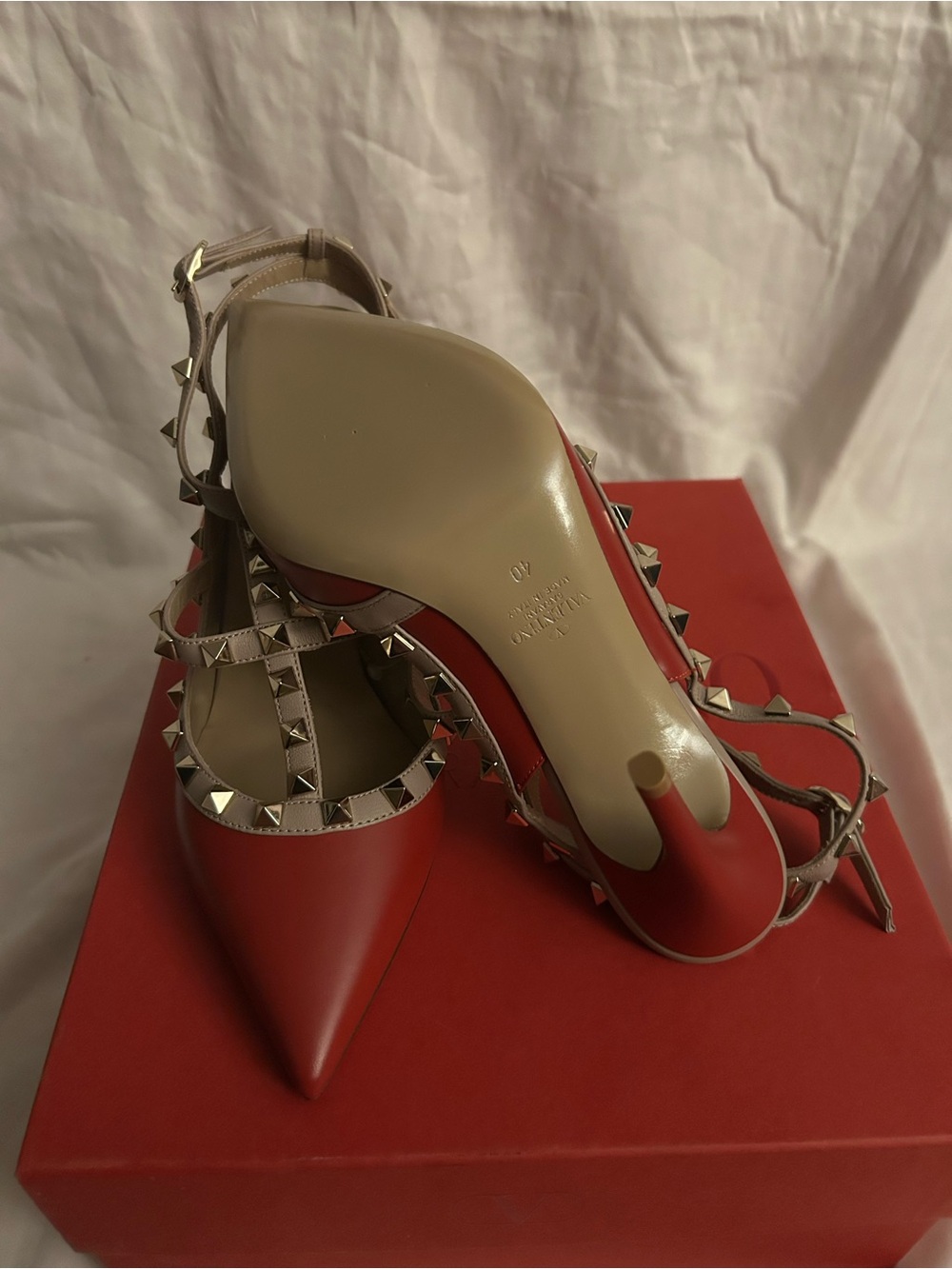 Valentino Red Patent Leather Rockstud T-Strap Pump with Nude Straps - Picture 6 of 7